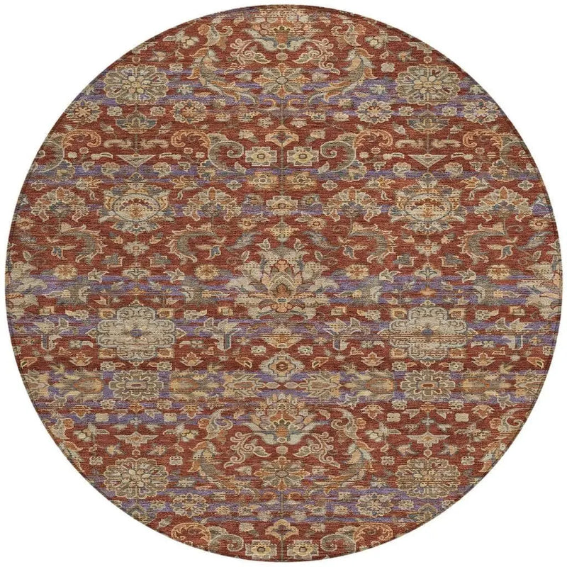 8' Burgundy And Orange Round Floral Medallion Washable Indoor Outdoor Area Rug Homeroots Outdoor