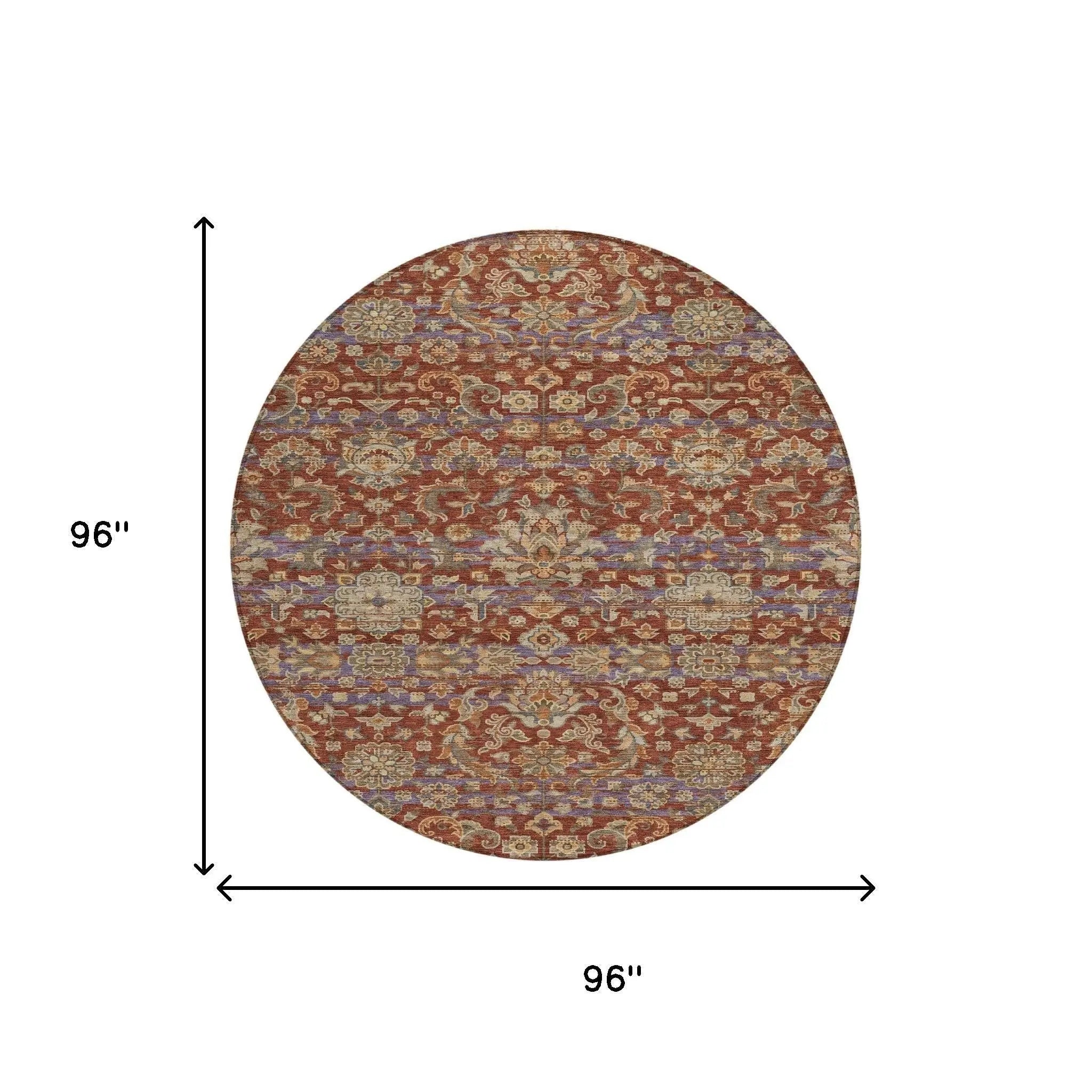 8' Burgundy And Orange Round Floral Medallion Washable Indoor Outdoor Area Rug Homeroots Outdoor