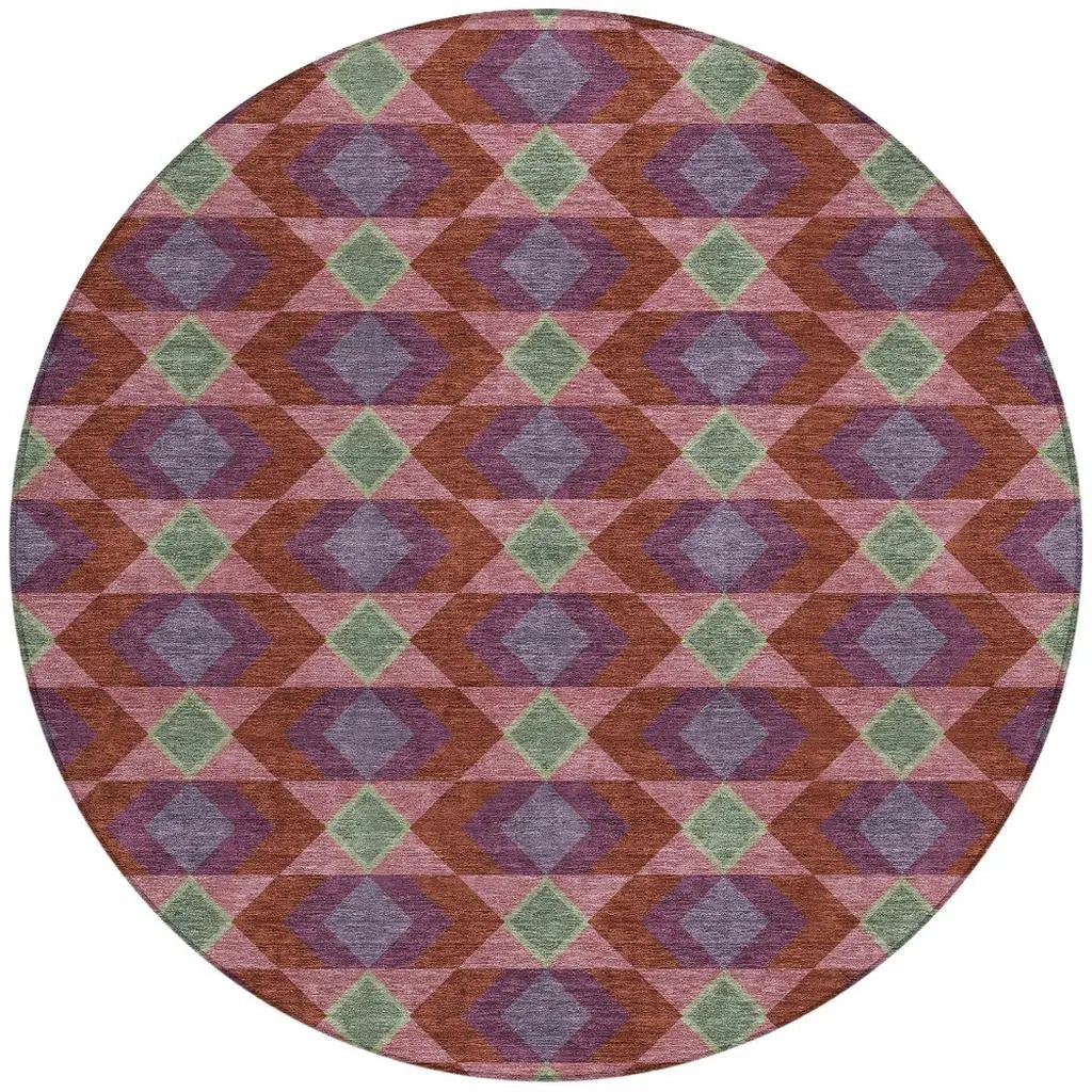8' Burgundy And Pewter Round Geometric Washable Indoor Outdoor Area Rug Homeroots Outdoor