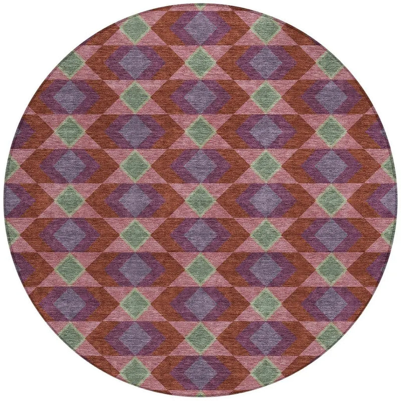 8' Burgundy And Pewter Round Geometric Washable Indoor Outdoor Area Rug Homeroots Outdoor