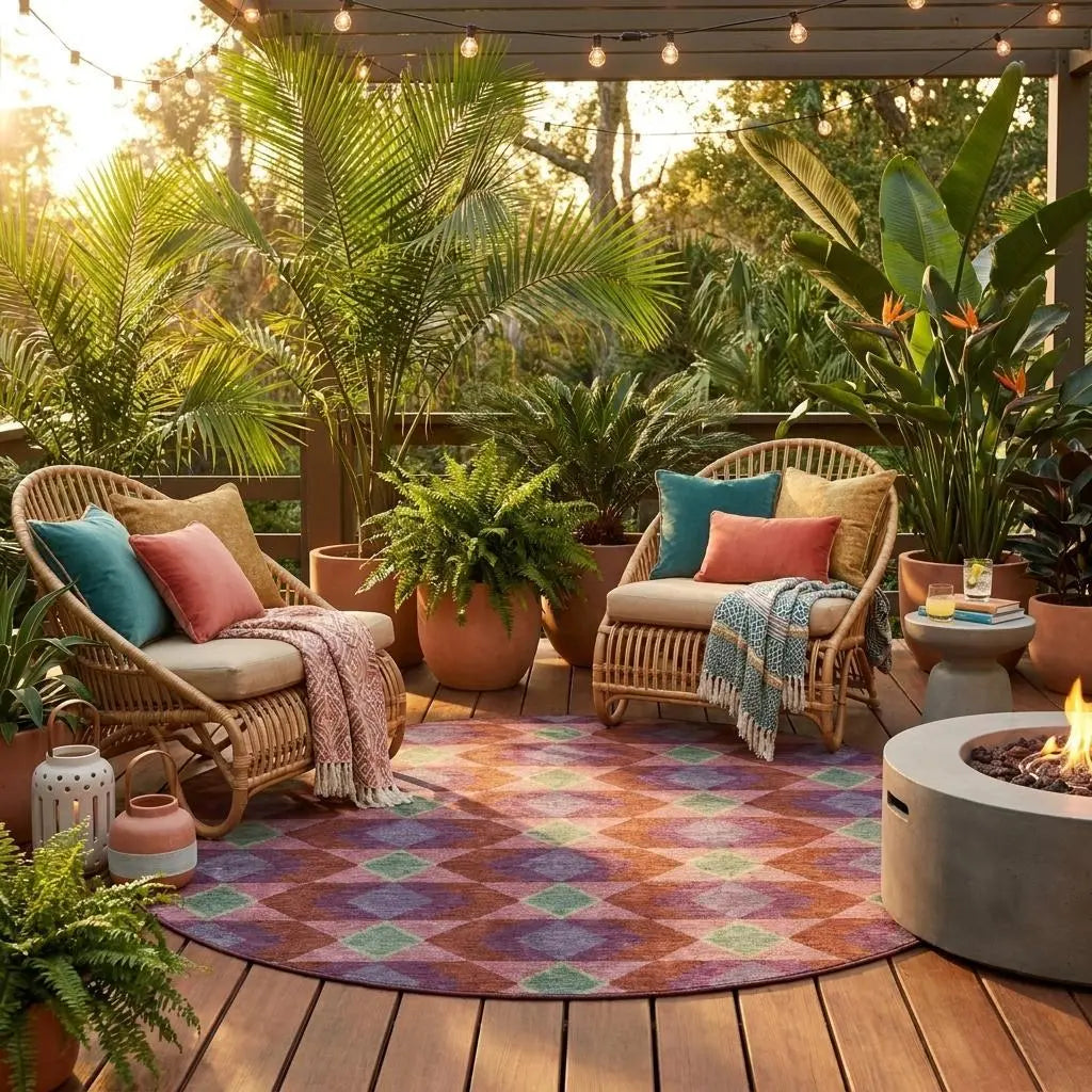 8' Burgundy And Pewter Round Geometric Washable Indoor Outdoor Area Rug Homeroots Outdoor