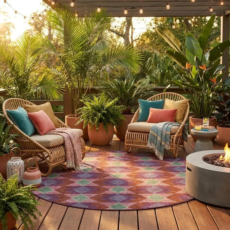 8' Burgundy And Pewter Round Geometric Washable Indoor Outdoor Area Rug Homeroots Outdoor