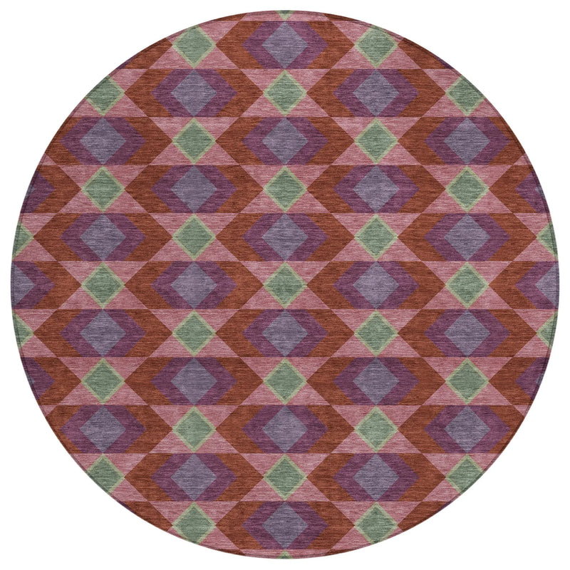 8' Burgundy And Pewter Round Geometric Washable Indoor Outdoor Area Rug Homeroots Outdoor