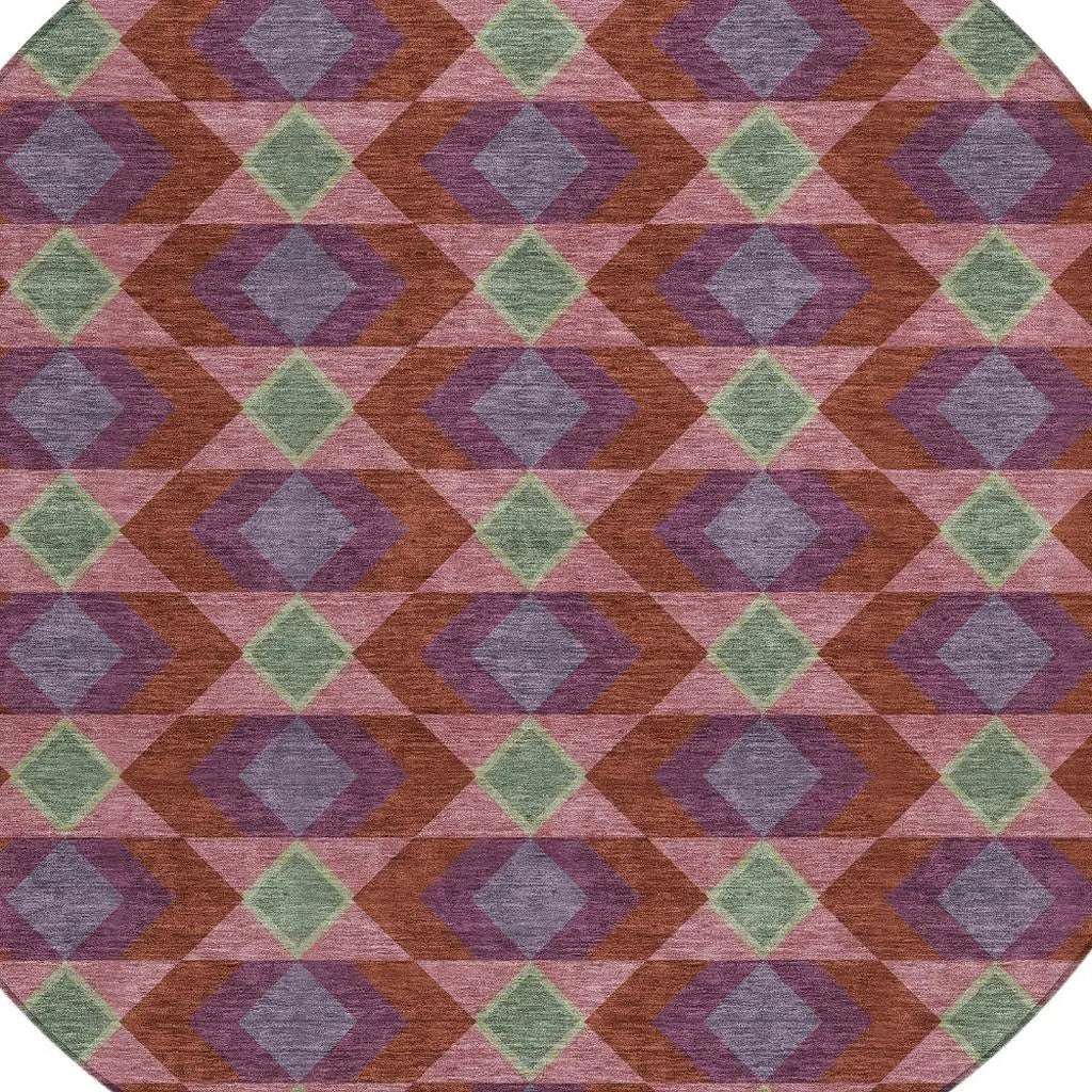 8' Burgundy And Pewter Round Geometric Washable Indoor Outdoor Area Rug Homeroots Outdoor