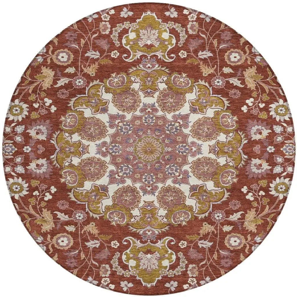 8' Burgundy And Red Round Damask Washable Indoor Outdoor Area Rug Homeroots Outdoor