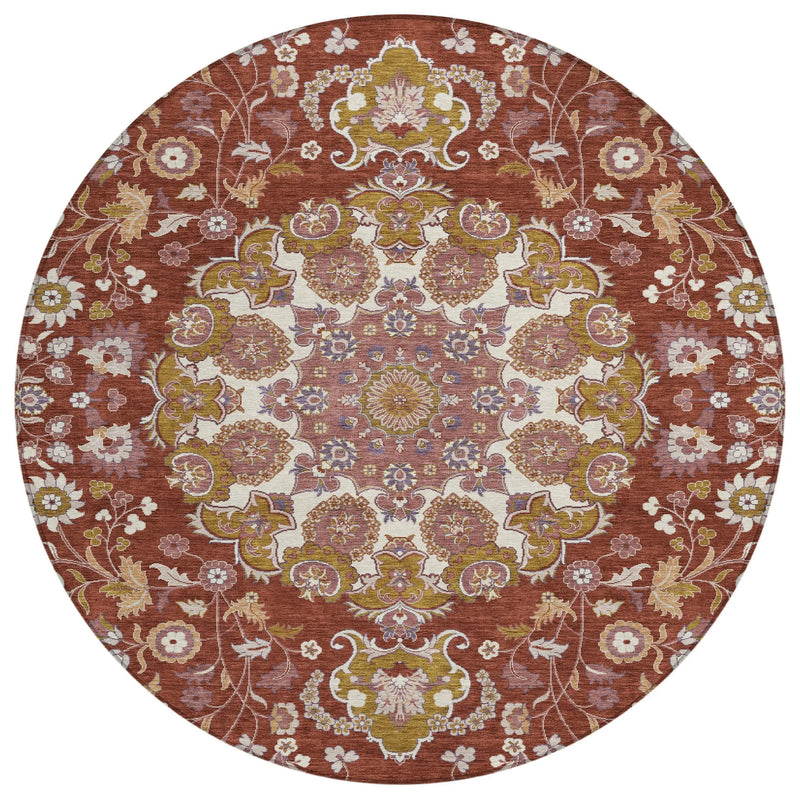 8' Burgundy And Red Round Damask Washable Indoor Outdoor Area Rug Homeroots Outdoor