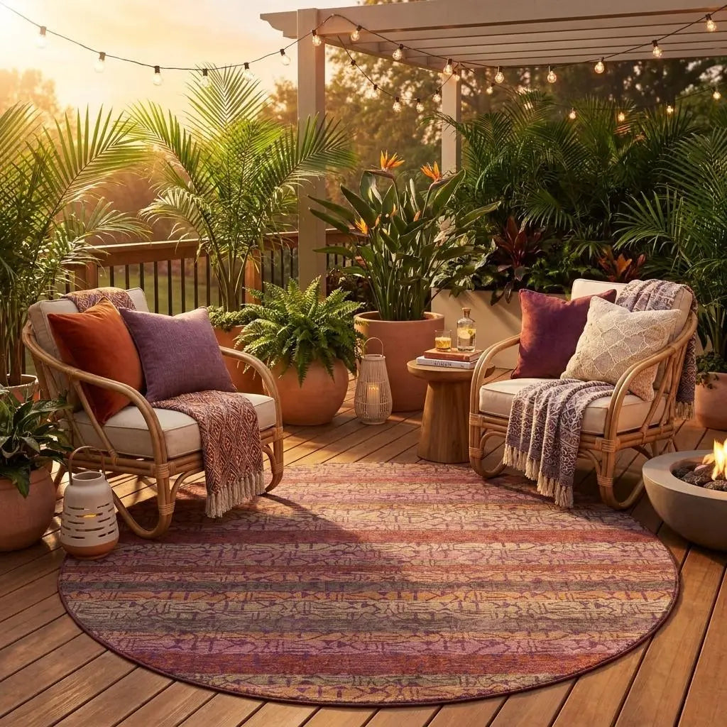 8' Burgundy And Red Round Striped Washable Indoor Outdoor Area Rug Homeroots Outdoor