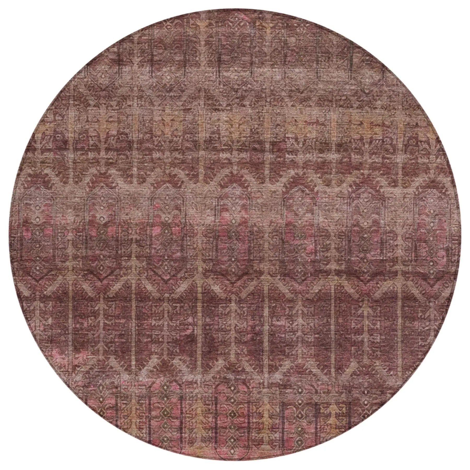 8' Burgundy And Red Round Tribal Washable Indoor Outdoor Area Rug Homeroots Outdoor