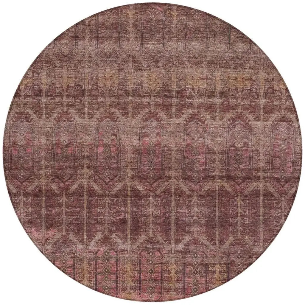 8' Burgundy And Red Round Tribal Washable Indoor Outdoor Area Rug Homeroots Outdoor