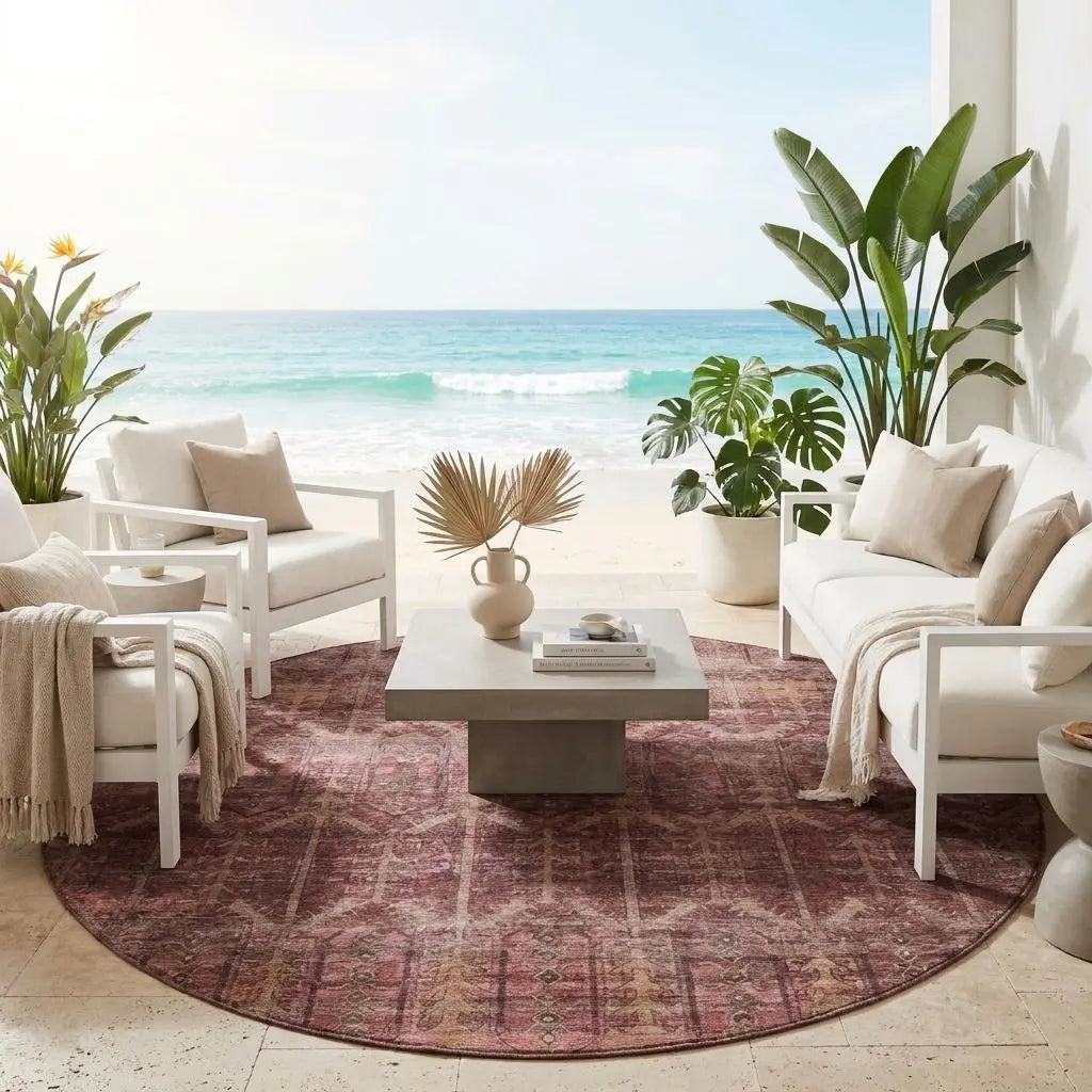 8' Burgundy And Red Round Tribal Washable Indoor Outdoor Area Rug Homeroots Outdoor