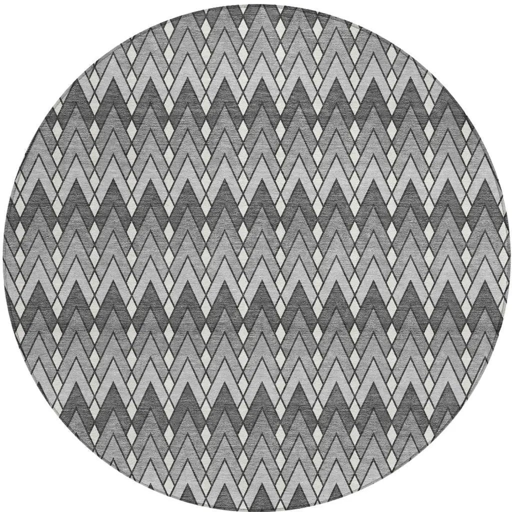 8' Charcoal And Black Round Geometric Washable Indoor Outdoor Area Rug Homeroots Outdoor