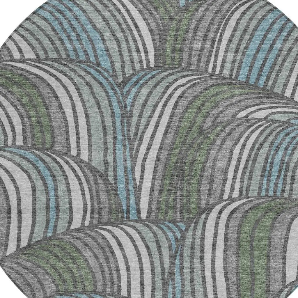 8' Charcoal And Blue Round Abstract Washable Indoor Outdoor Area Rug Homeroots Outdoor