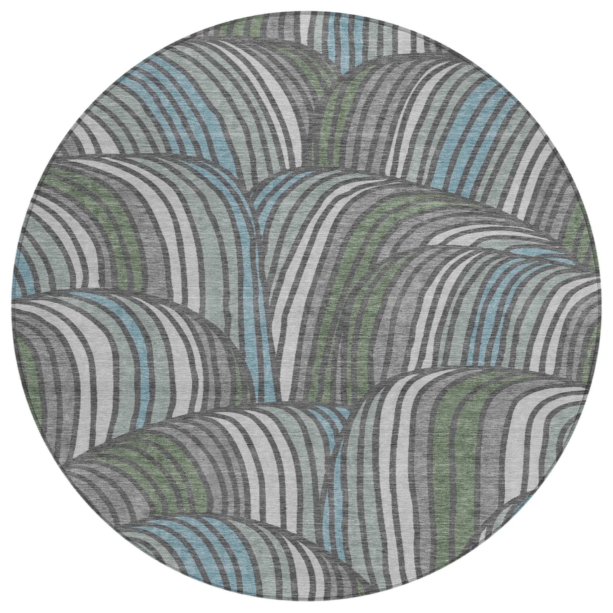8' Charcoal And Blue Round Abstract Washable Indoor Outdoor Area Rug Homeroots Outdoor