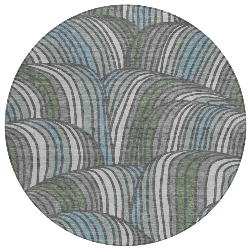 8' Charcoal And Blue Round Abstract Washable Indoor Outdoor Area Rug Homeroots Outdoor