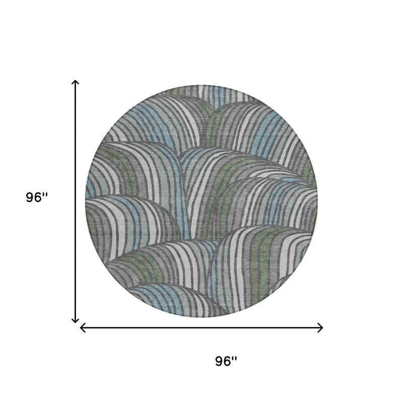 8' Charcoal And Blue Round Abstract Washable Indoor Outdoor Area Rug Homeroots Outdoor