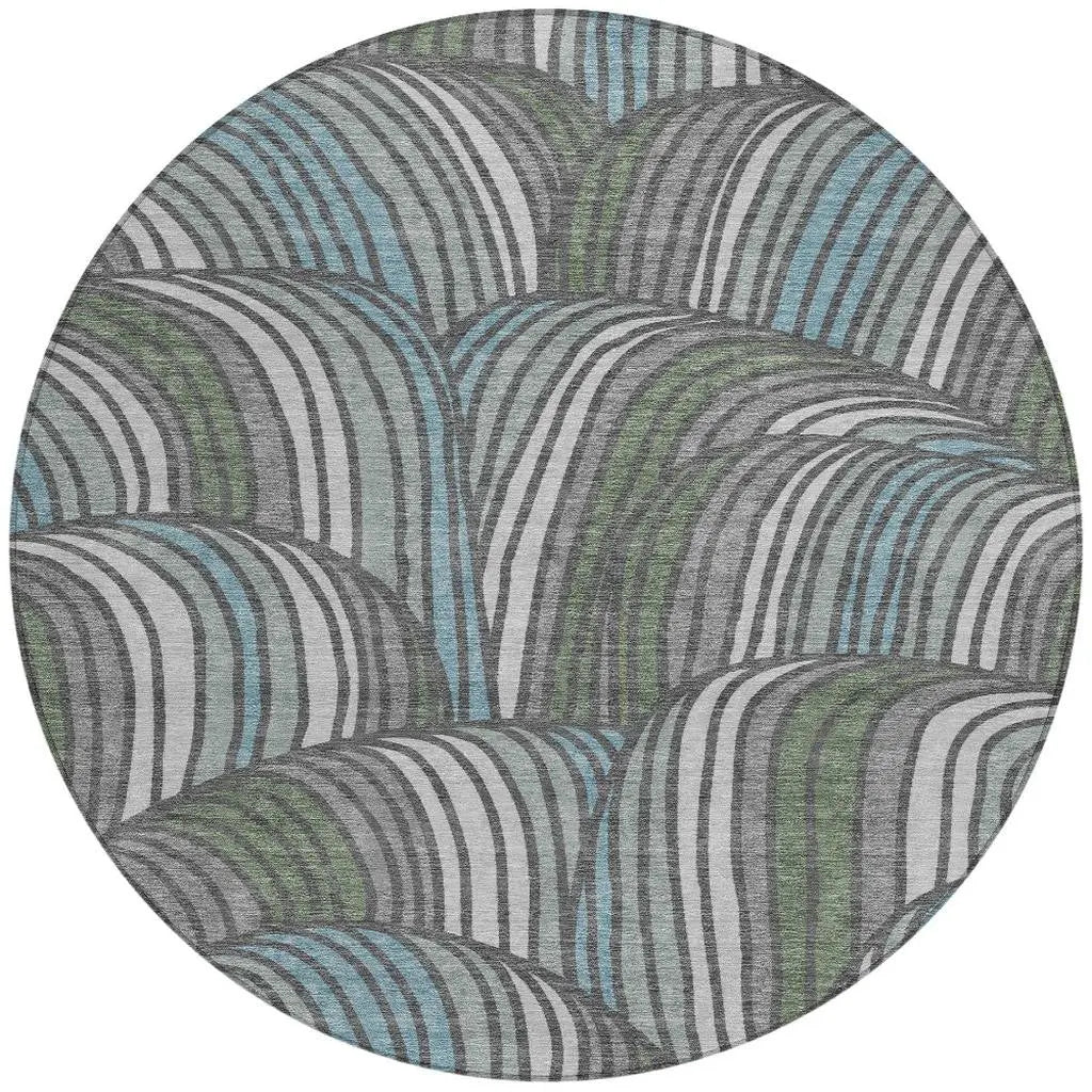 8' Charcoal And Blue Round Abstract Washable Indoor Outdoor Area Rug Homeroots Outdoor