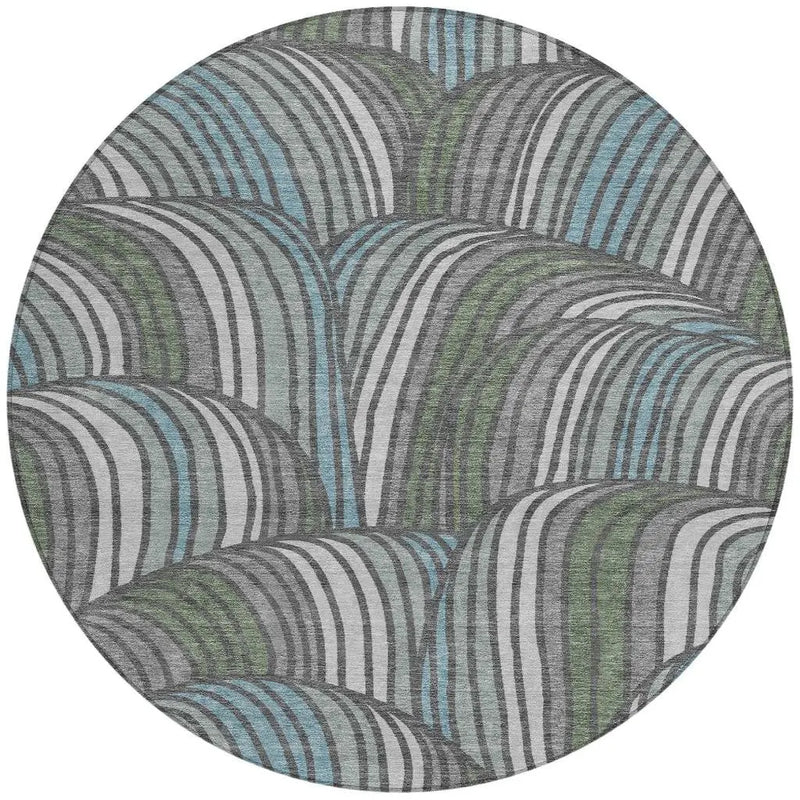 8' Charcoal And Blue Round Abstract Washable Indoor Outdoor Area Rug Homeroots Outdoor