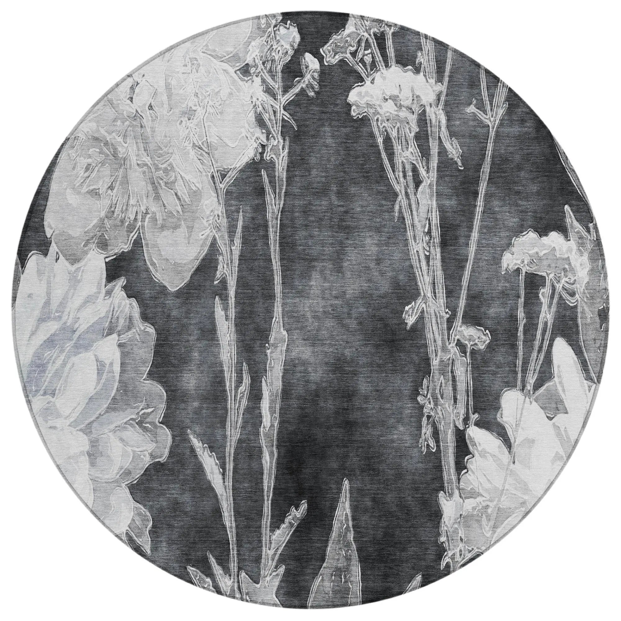 8' Charcoal And Gray Round Floral Washable Indoor Outdoor Area Rug Homeroots Outdoor