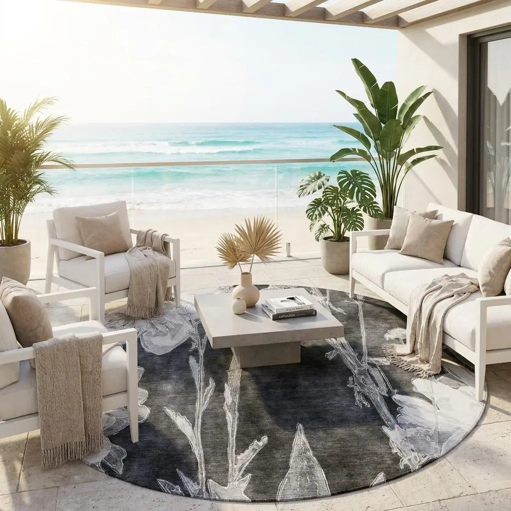 8' Charcoal And Gray Round Floral Washable Indoor Outdoor Area Rug Homeroots Outdoor