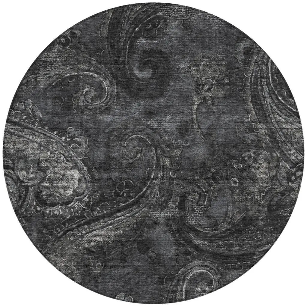 8' Charcoal And Gray Round Paisley Washable Indoor Outdoor Area Rug Homeroots Outdoor