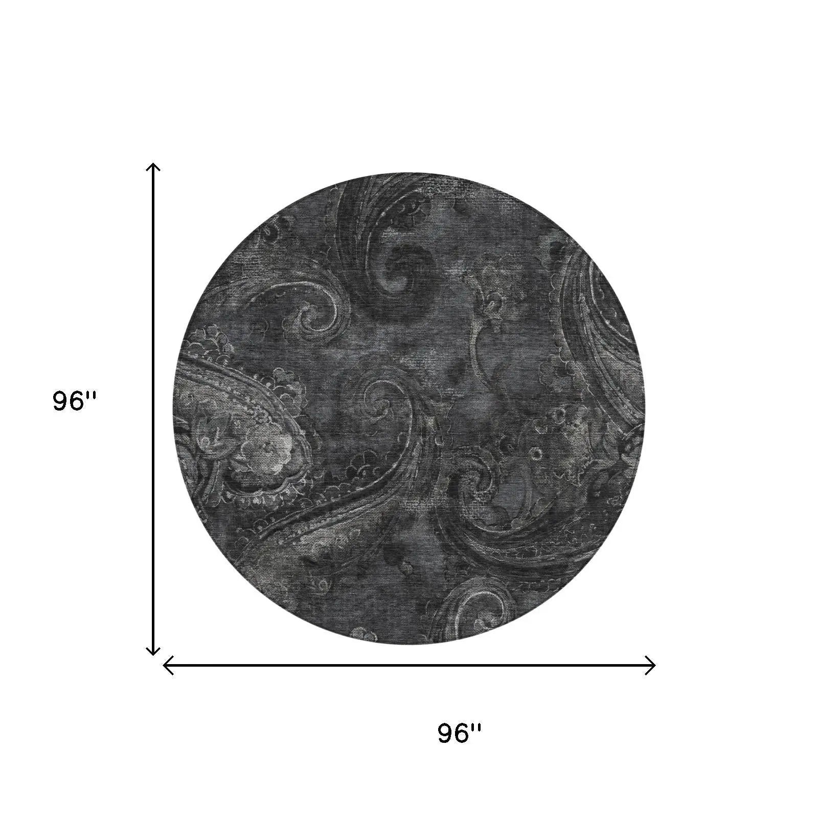 8' Charcoal And Gray Round Paisley Washable Indoor Outdoor Area Rug Homeroots Outdoor