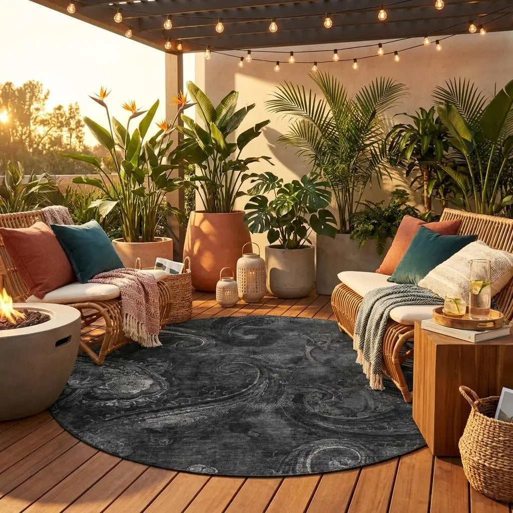 8' Charcoal And Gray Round Paisley Washable Indoor Outdoor Area Rug Homeroots Outdoor