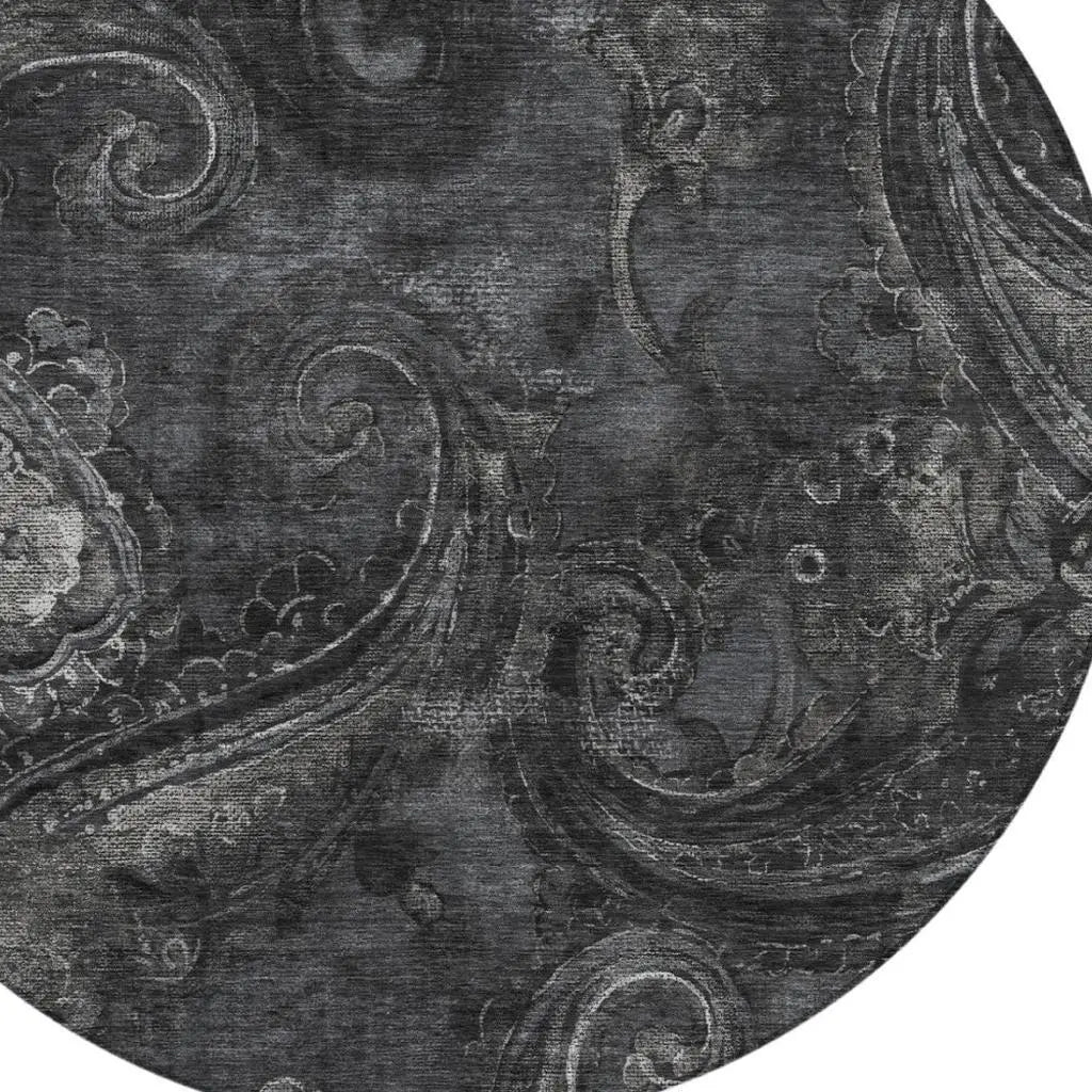 8' Charcoal And Gray Round Paisley Washable Indoor Outdoor Area Rug Homeroots Outdoor