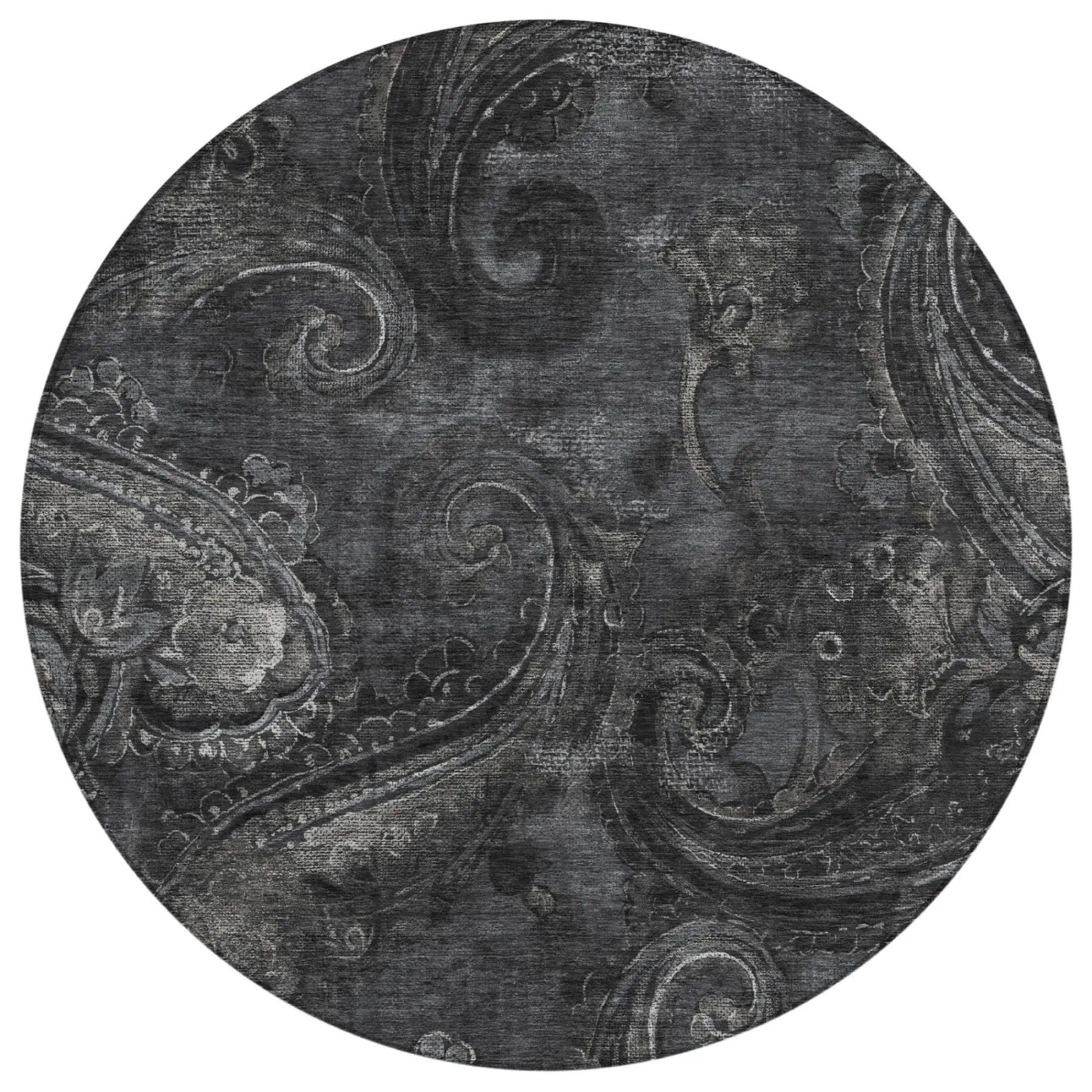 8' Charcoal And Gray Round Paisley Washable Indoor Outdoor Area Rug Homeroots Outdoor