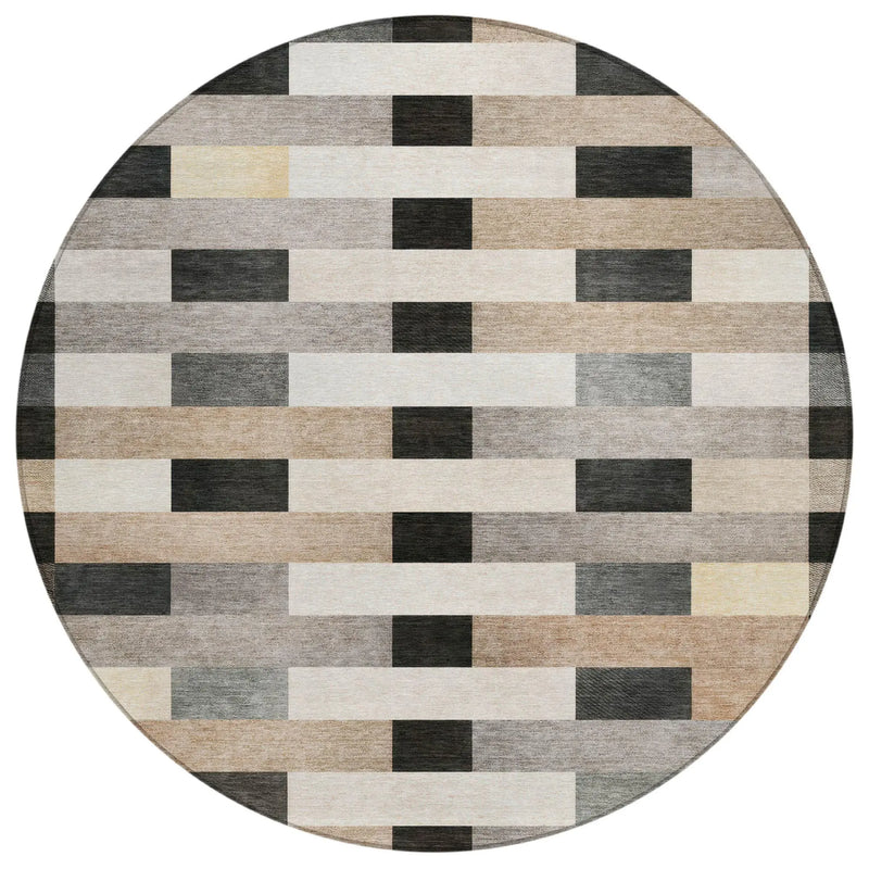 8' Charcoal And Gray Round Striped Washable Indoor Outdoor Area Rug Homeroots Outdoor
