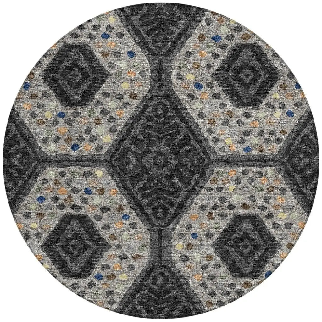 8' Charcoal And Gray Round Tribal Washable Indoor Outdoor Area Rug Homeroots Outdoor