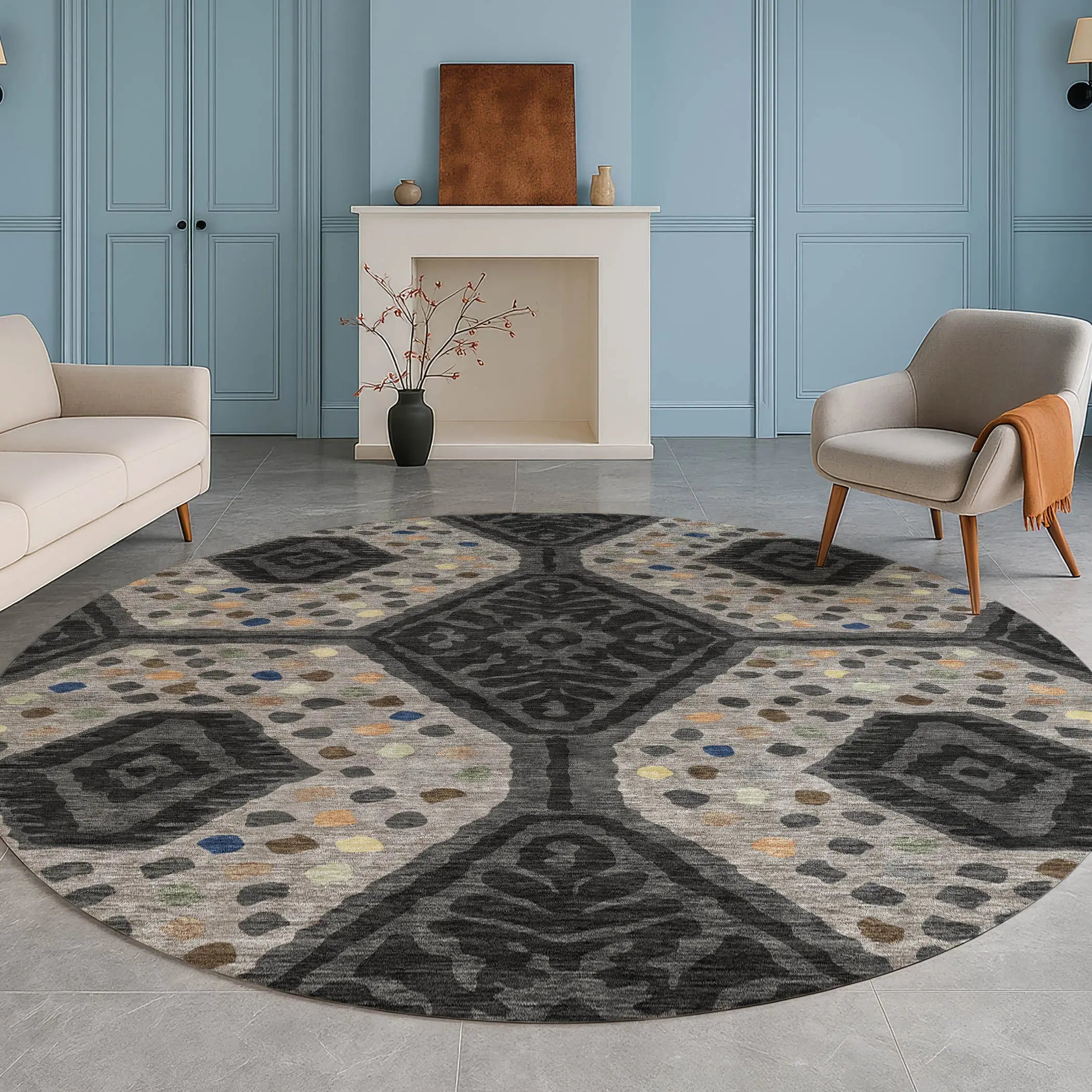 8' Charcoal And Gray Round Tribal Washable Indoor Outdoor Area Rug Homeroots Outdoor