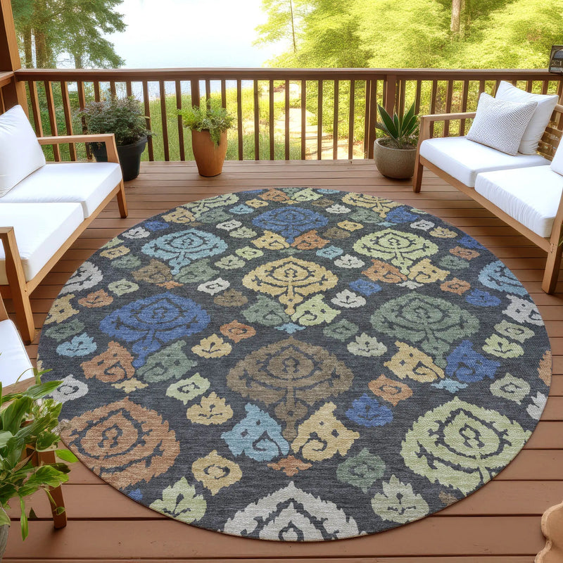 8' Charcoal And Green Round Damask Washable Indoor Outdoor Area Rug Homeroots Outdoor