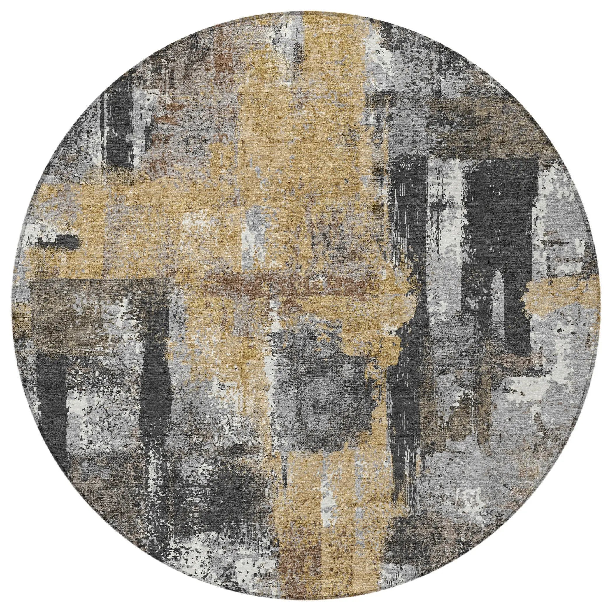 8' Charcoal And Ivory Round Abstract Washable Indoor Outdoor Area Rug Homeroots Outdoor