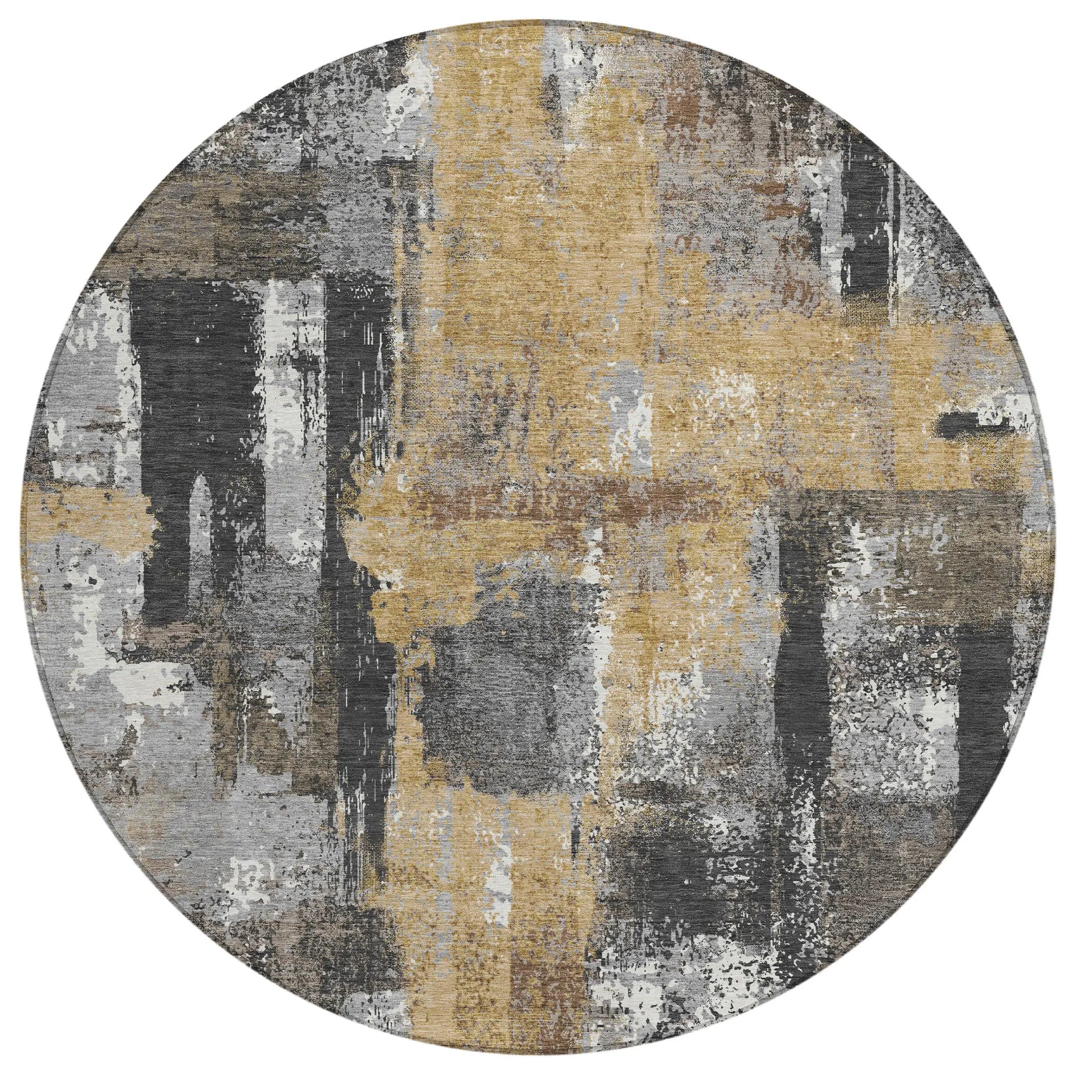 8' Charcoal And Ivory Round Abstract Washable Indoor Outdoor Area Rug Homeroots Outdoor