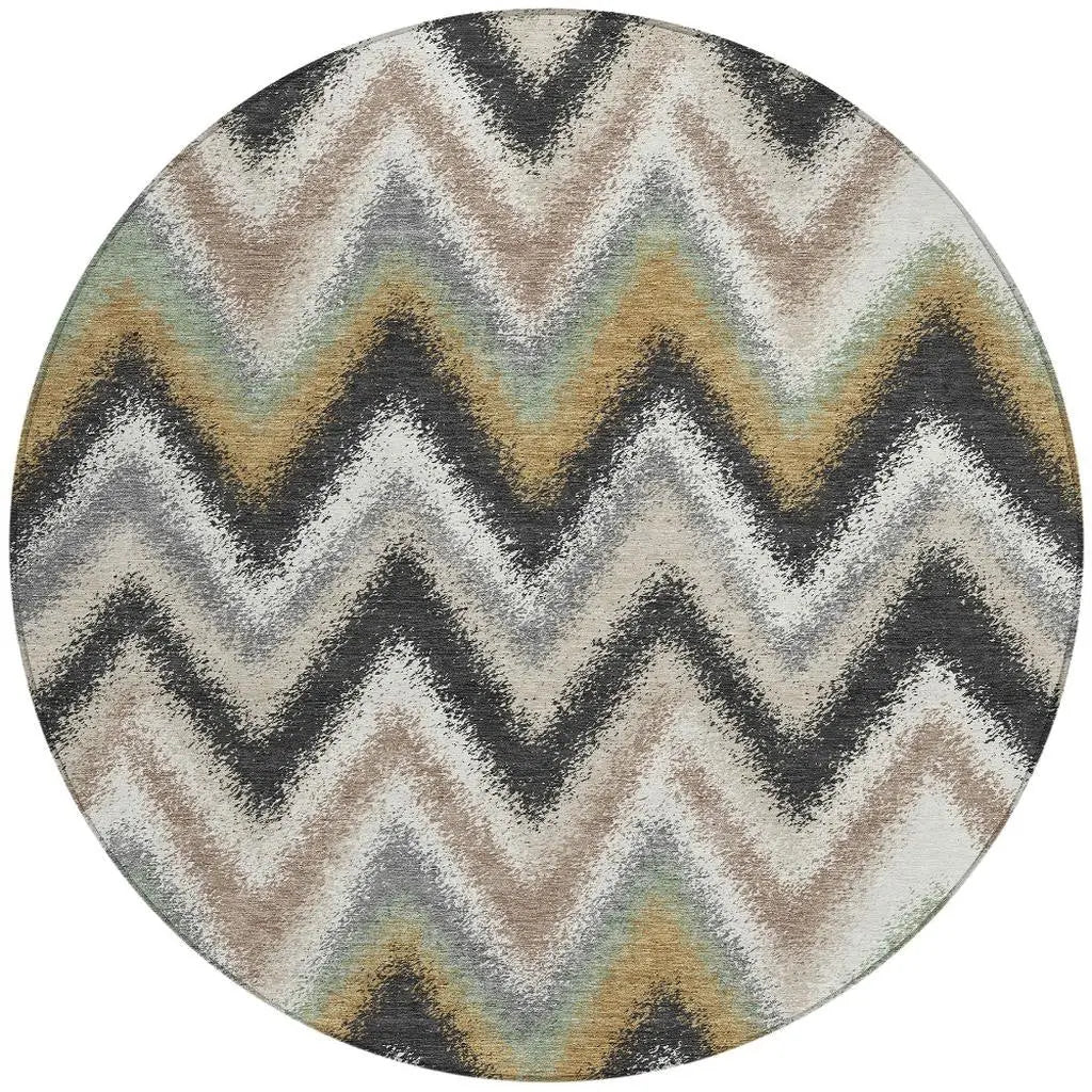 8' Charcoal And Ivory Round Geometric Washable Indoor Outdoor Area Rug Homeroots Outdoor