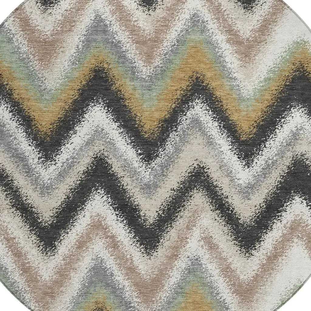 8' Charcoal And Ivory Round Geometric Washable Indoor Outdoor Area Rug Homeroots Outdoor