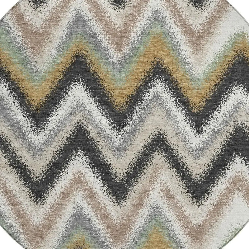 8' Charcoal And Ivory Round Geometric Washable Indoor Outdoor Area Rug Homeroots Outdoor