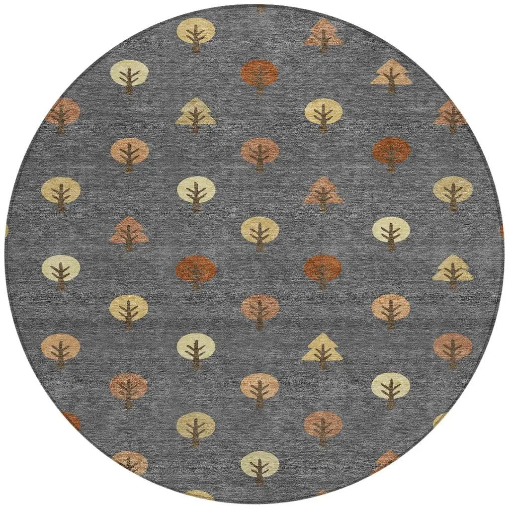 8' Charcoal And Orange Round Geometric Washable Indoor Outdoor Area Rug Homeroots Outdoor