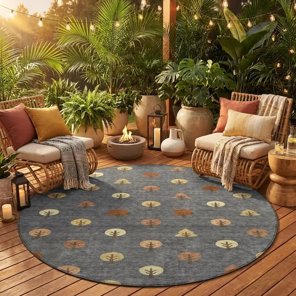 8' Charcoal And Orange Round Geometric Washable Indoor Outdoor Area Rug Homeroots Outdoor