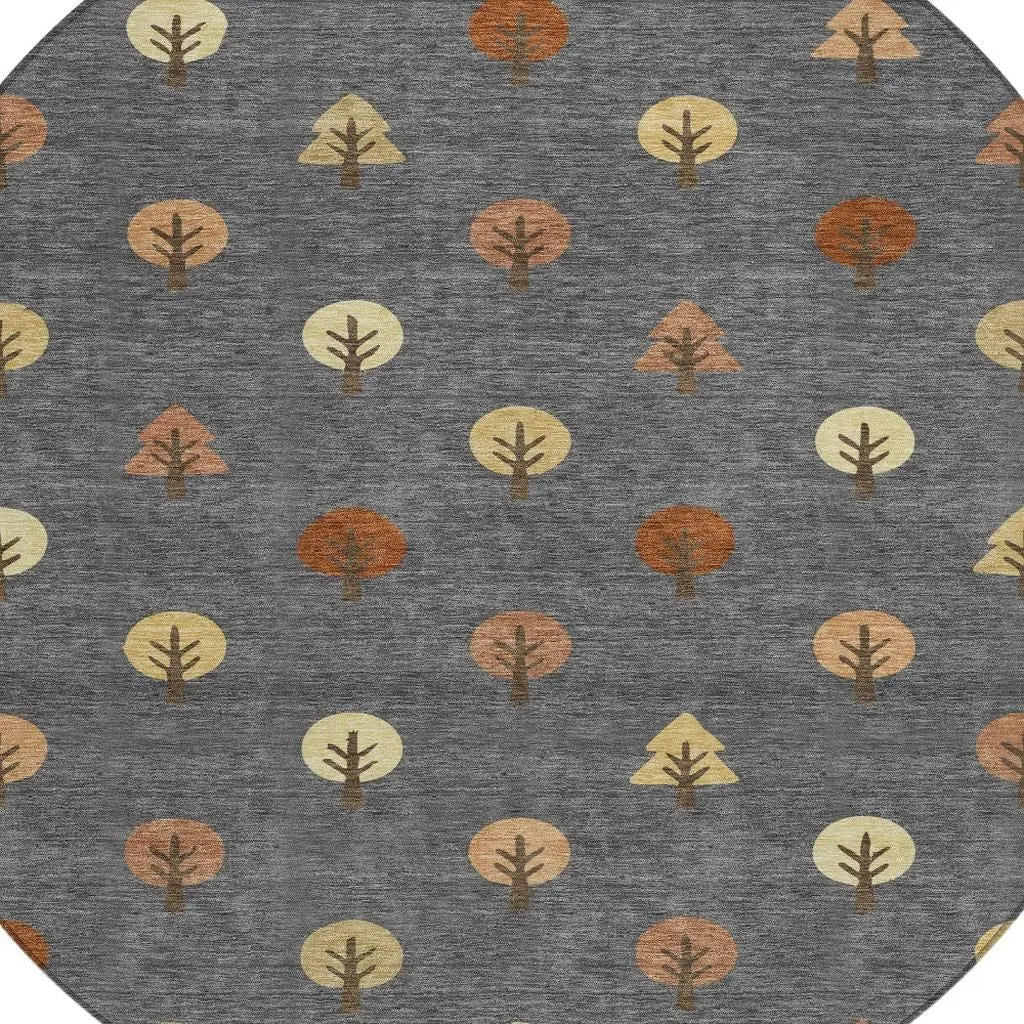 8' Charcoal And Orange Round Geometric Washable Indoor Outdoor Area Rug Homeroots Outdoor