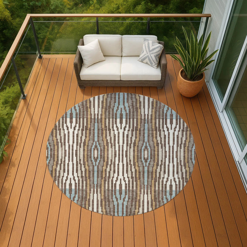 8' Chocolate And Aqua Round Abstract Washable Indoor Outdoor Area Rug Homeroots Outdoor