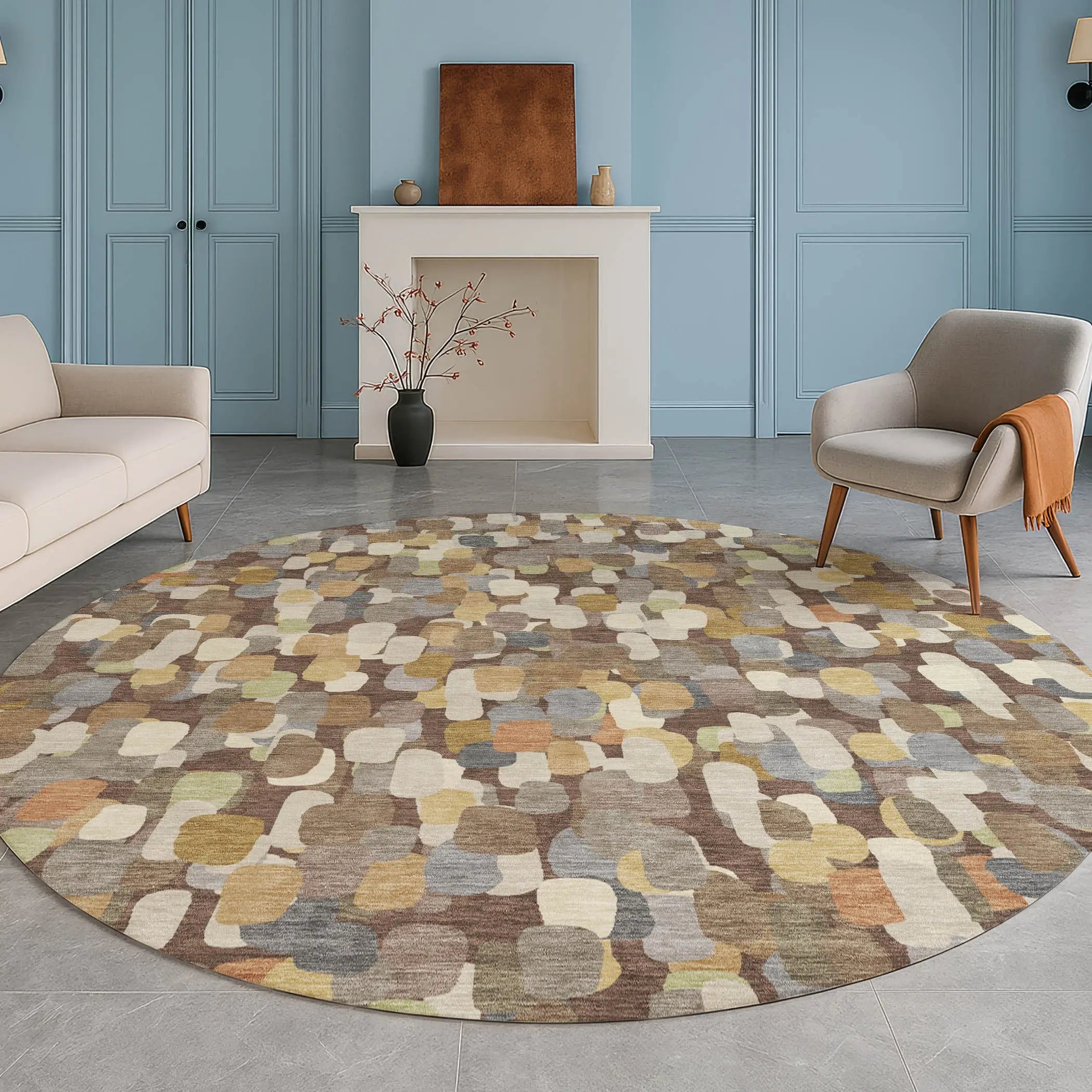 8' Chocolate And Beige Round Abstract Washable Indoor Outdoor Area Rug Homeroots Outdoor