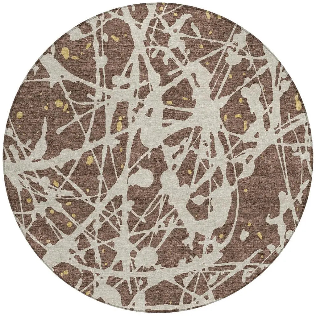 8' Chocolate And Beige Round Abstract Washable Indoor Outdoor Area Rug Homeroots Outdoor