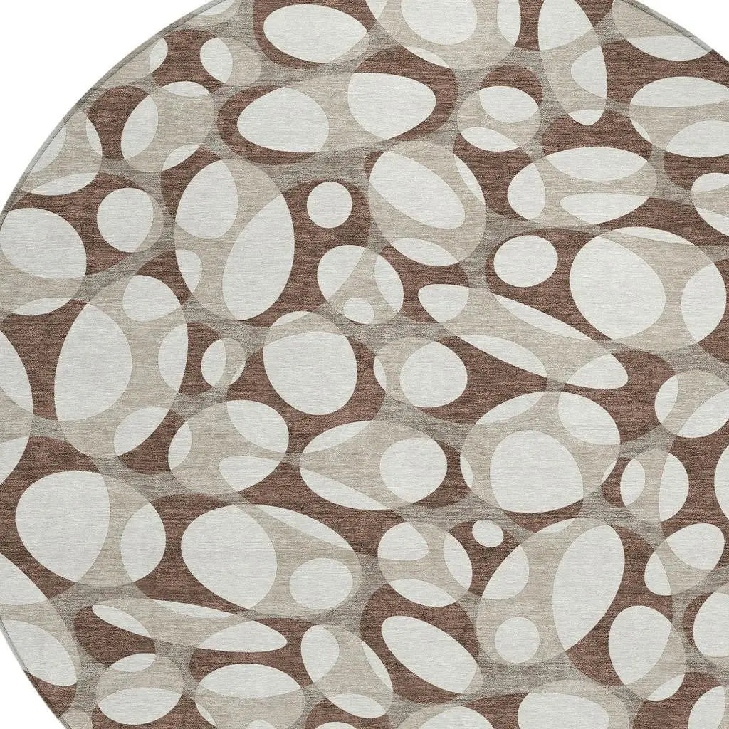 8' Chocolate And Beige Round Abstract Washable Indoor Outdoor Area Rug Homeroots Outdoor