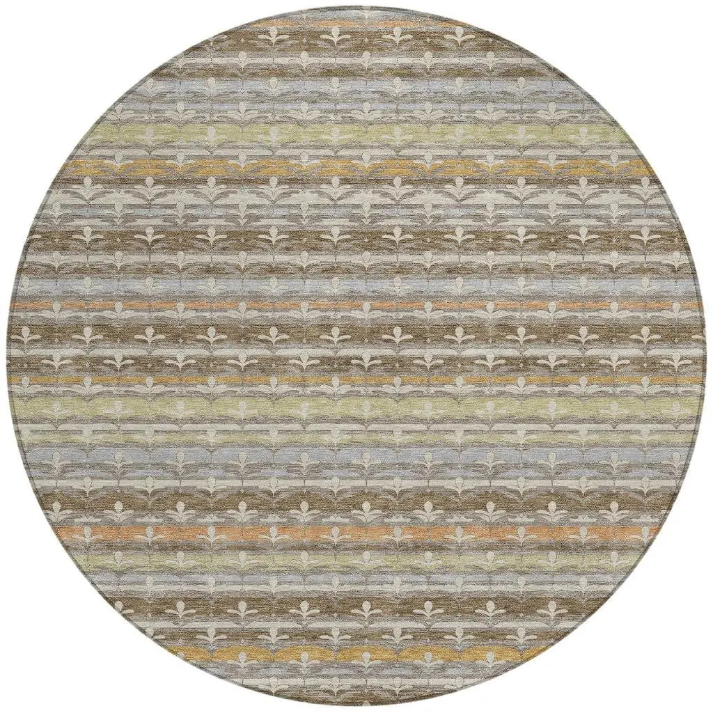 8' Chocolate And Beige Round Damask Washable Indoor Outdoor Area Rug Homeroots Outdoor
