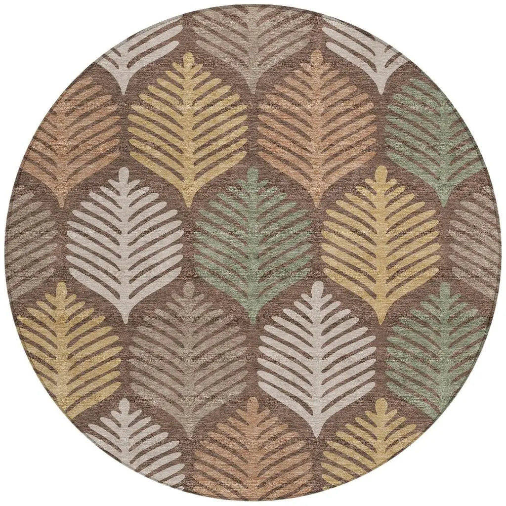 8' Chocolate And Beige Round Floral Washable Indoor Outdoor Area Rug Homeroots Outdoor