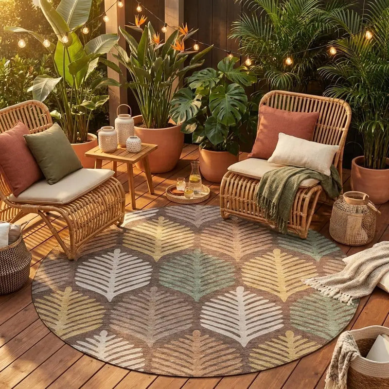 8' Chocolate And Beige Round Floral Washable Indoor Outdoor Area Rug Homeroots Outdoor