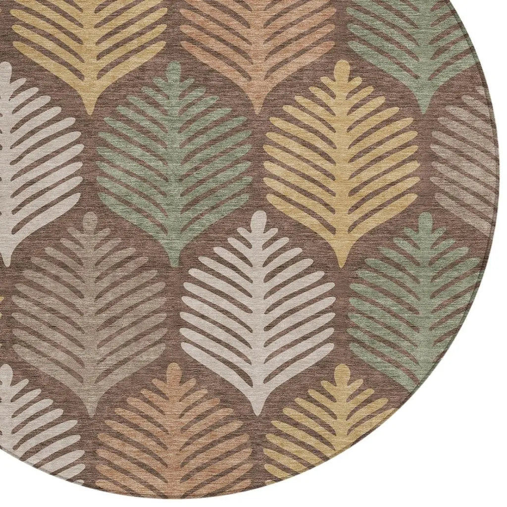 8' Chocolate And Beige Round Floral Washable Indoor Outdoor Area Rug Homeroots Outdoor