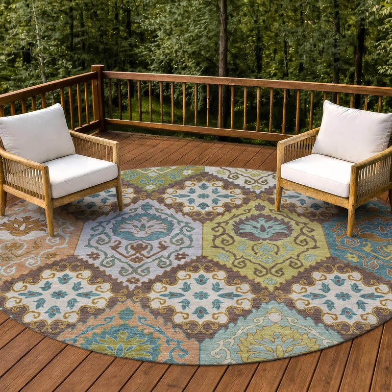 8' Chocolate And Beige Round Geometric Washable Indoor Outdoor Area Rug Homeroots Outdoor
