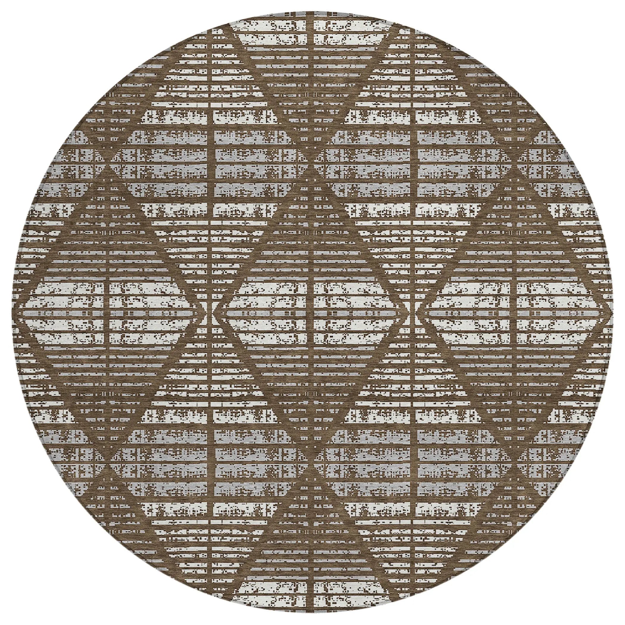 8' Chocolate And Beige Round Geometric Washable Indoor Outdoor Area Rug Homeroots Outdoor